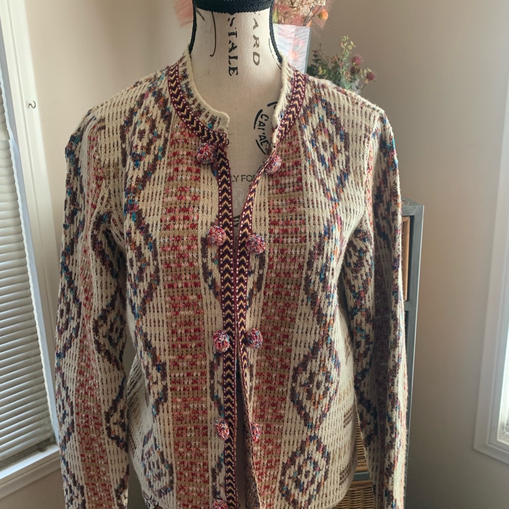 NIC+ZOE Cream Multicolored Diamond Knit Cardigan